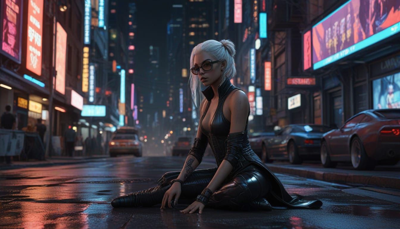 Sensual Cyberpunk Siren Under Neon City Lights