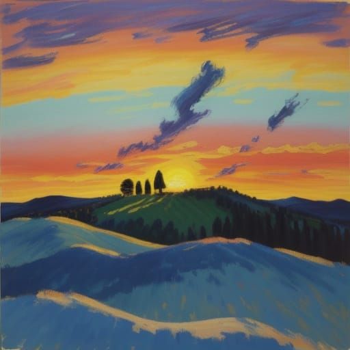 Gouache Painting of Lone Figure at Dusk in Impressionist Sty...