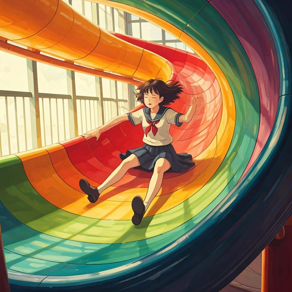 Girl on Slide in Ghibli Animation Style