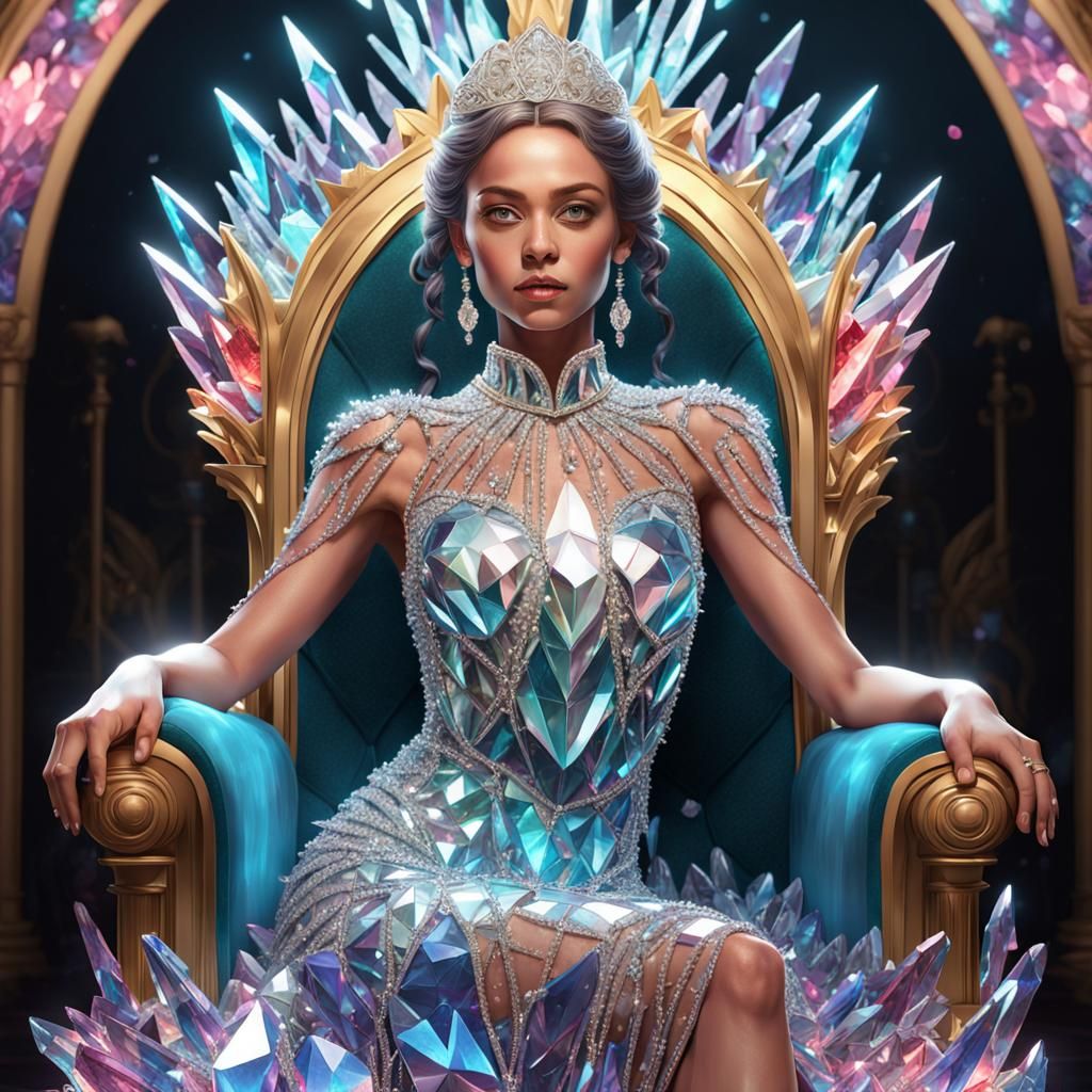 A breathtakingly beautiful woman wearing crystal dress. Sitting on a throne made of colourful crystals. Full body image.