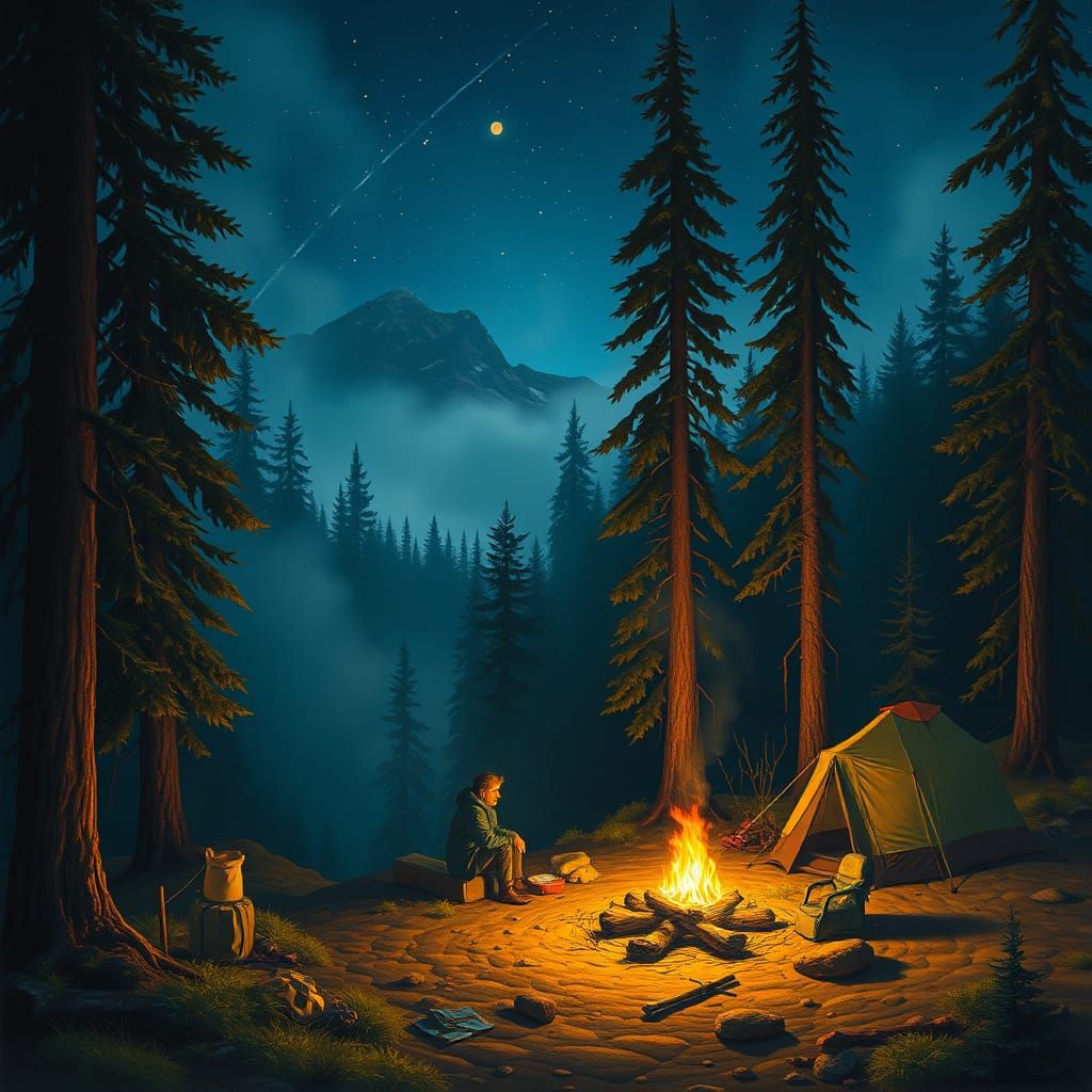 Lone Camper Under Starry Night Sky