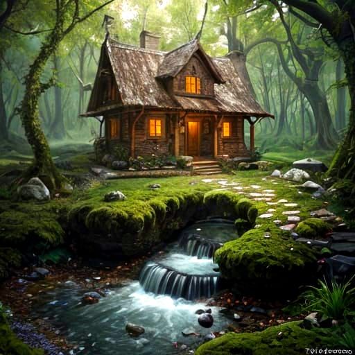Fantasy Forest House on River in CGI Style