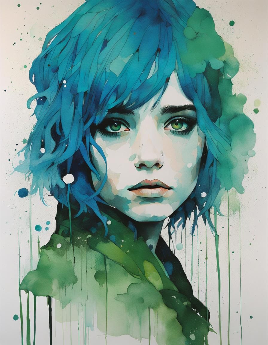 Surreal Portrait of Blue-Haired Figure with Green Eyes
