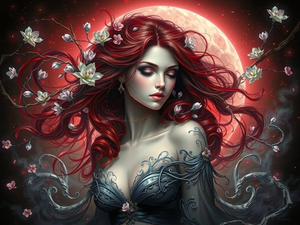Ethereal Woman Under Blood Moon: Dark Fantasy Digital Art