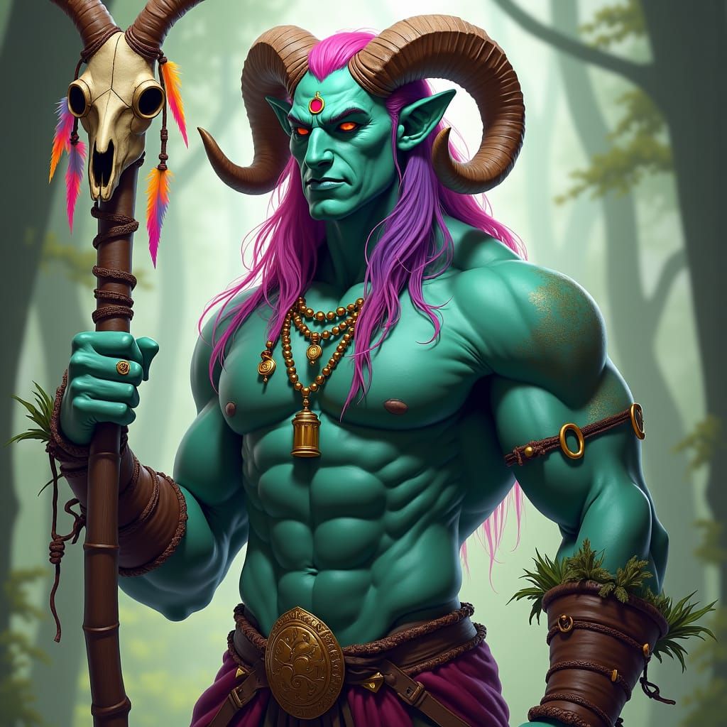 Aqua Tiefling with Gold Piercings and Druidic Staff