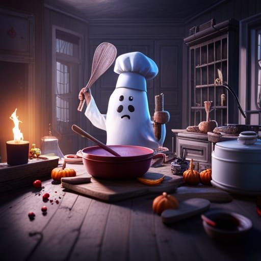 an adorable ghost chef cooking up spooky treats in a haunted...