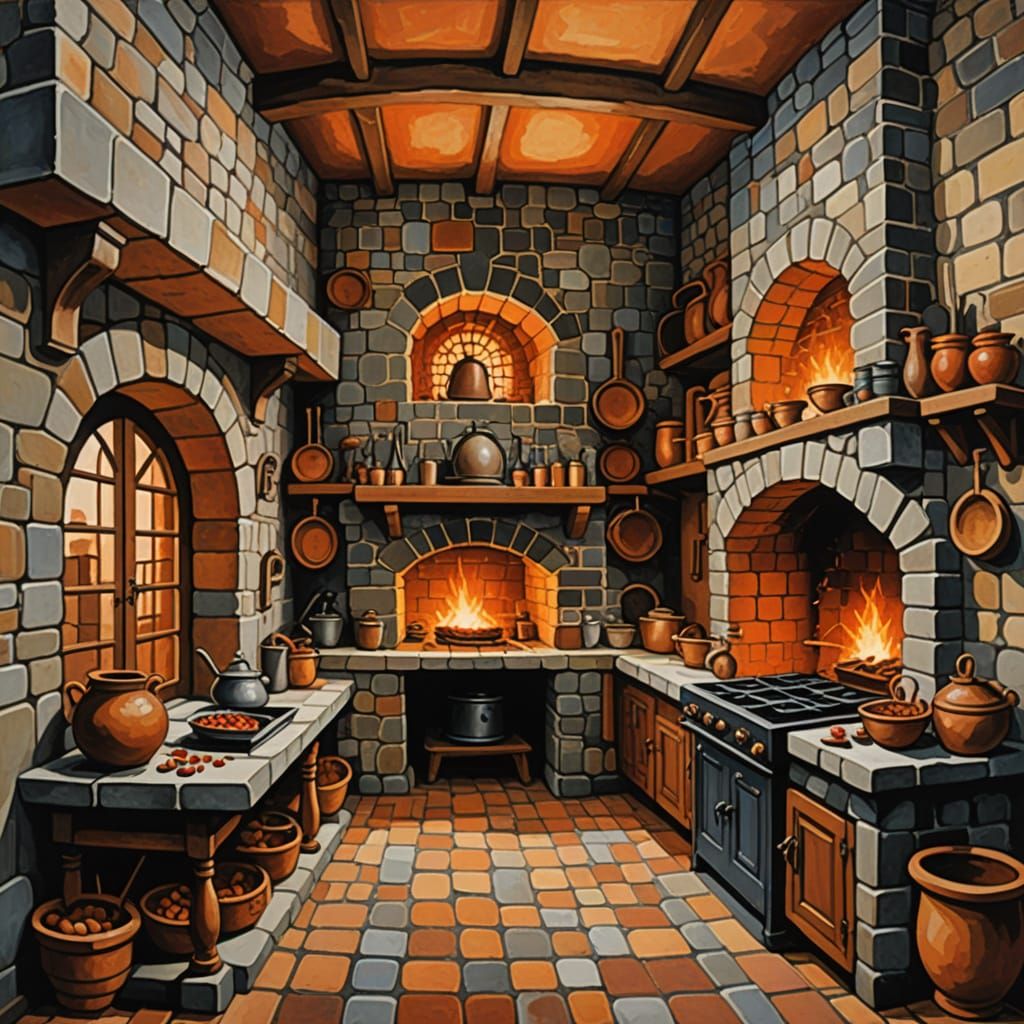Medieval Kitchen Gouache Painting with Impasto Technique