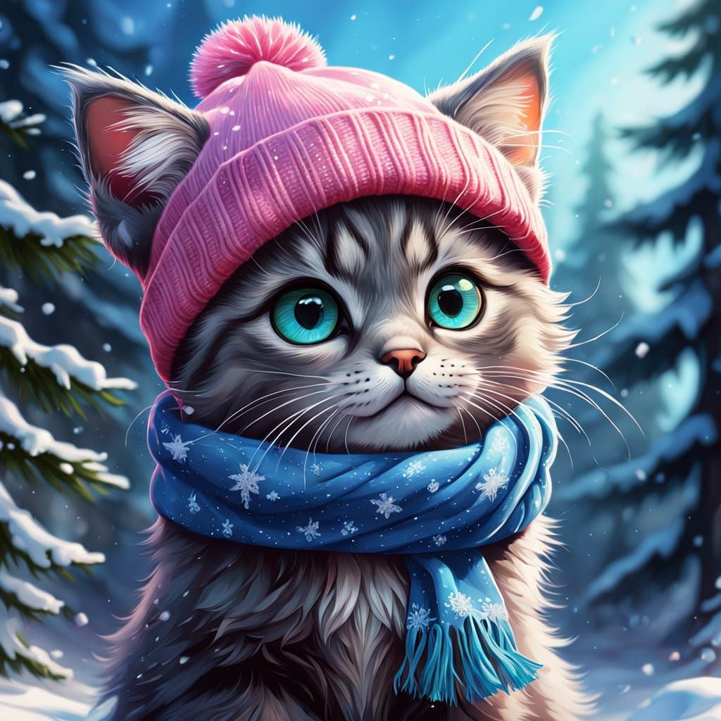 Cute Fluffy Kitten in Beanie and Scarf