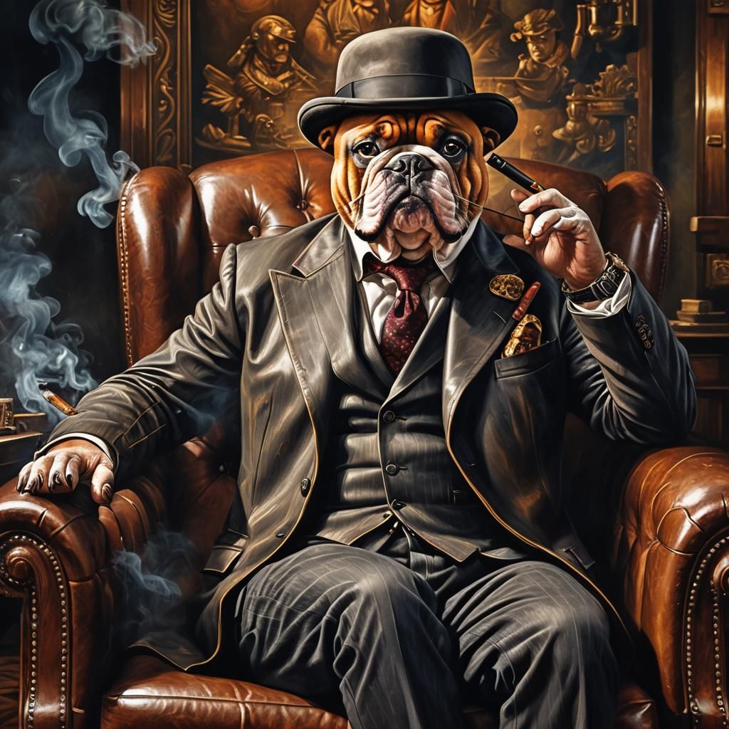 Hyperrealistic Arms Dealer with Bulldog in Rich Colors