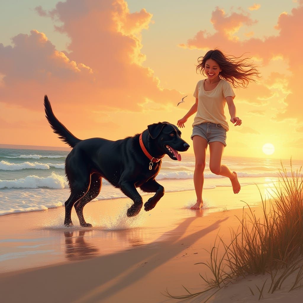 Elegant Labrador Fetches on a Sunset Beach