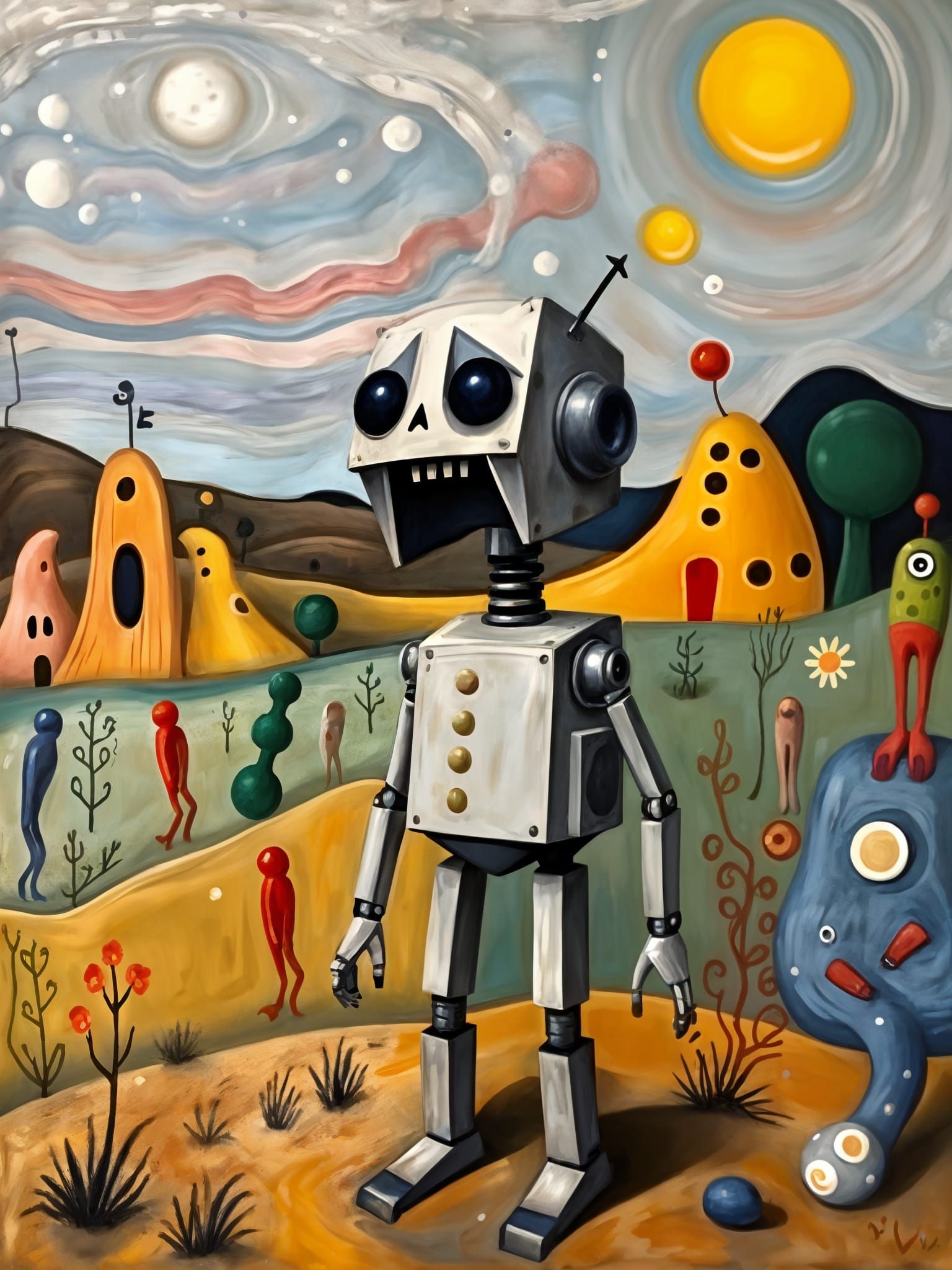 Surreal Robot in Whimsical Miro-Inspired Landscape