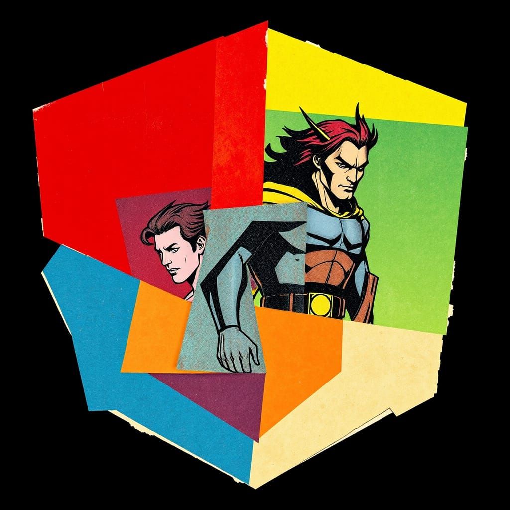 Layered Collage of Torn Comic Book Characters