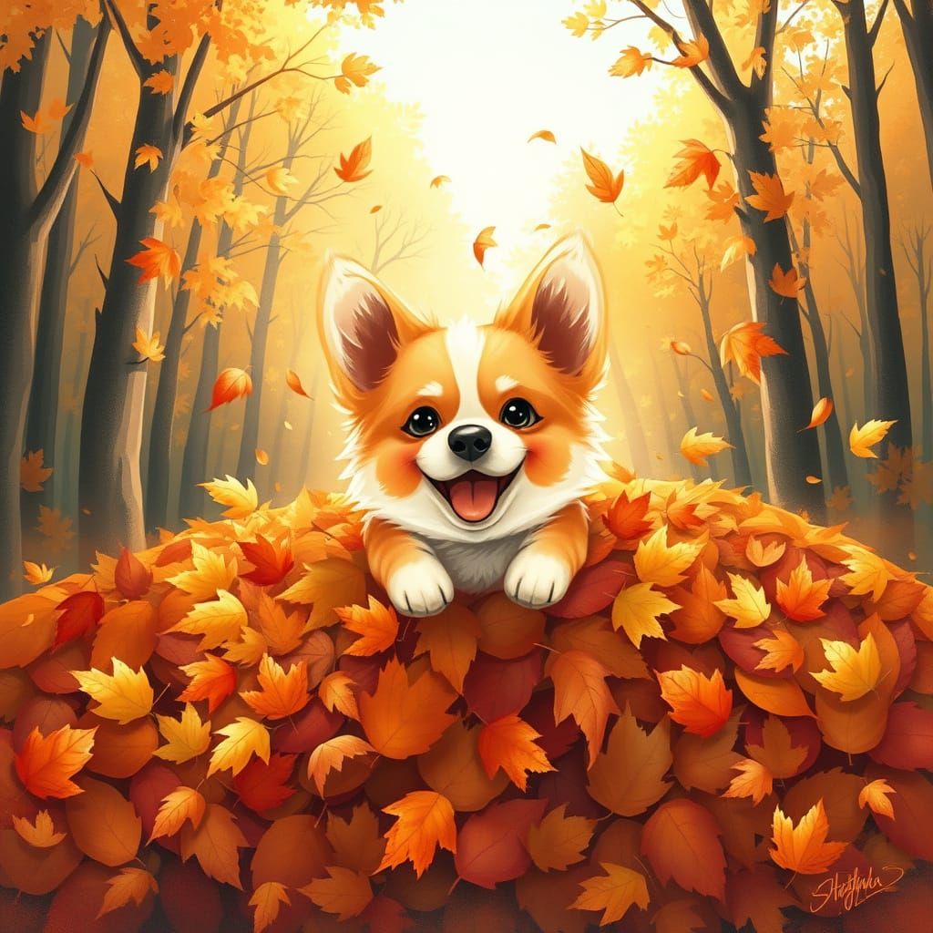 Fluffy Corgi Puppy Joyfully Dives Into Autumn Leaves