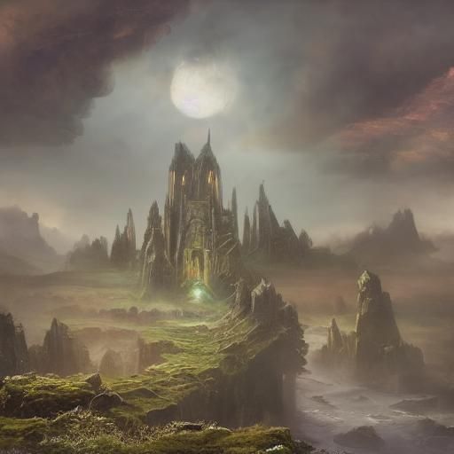 Ethereal Landscape Painting of Ancient Ruins in Fantasy Worl...