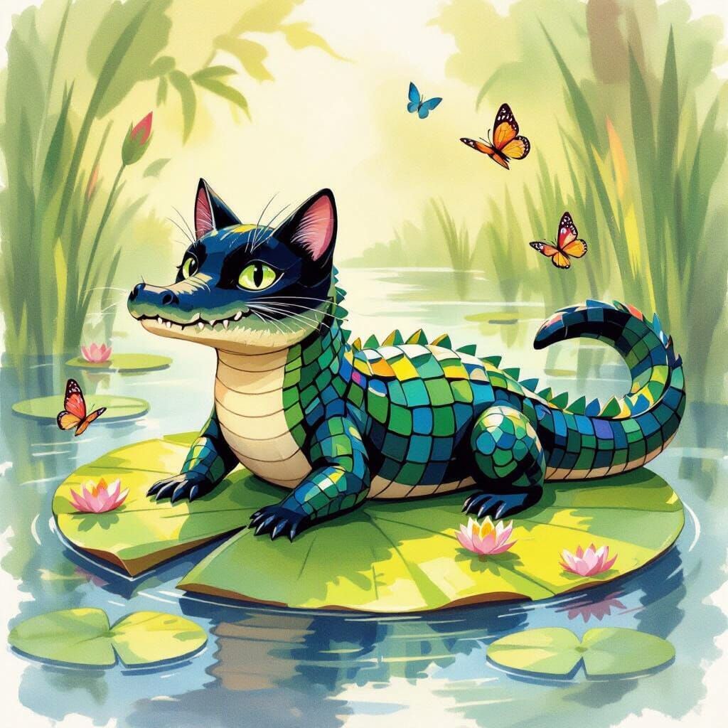 Whimsical Alligator-Cat Hybrid Lounging on Lily Pad