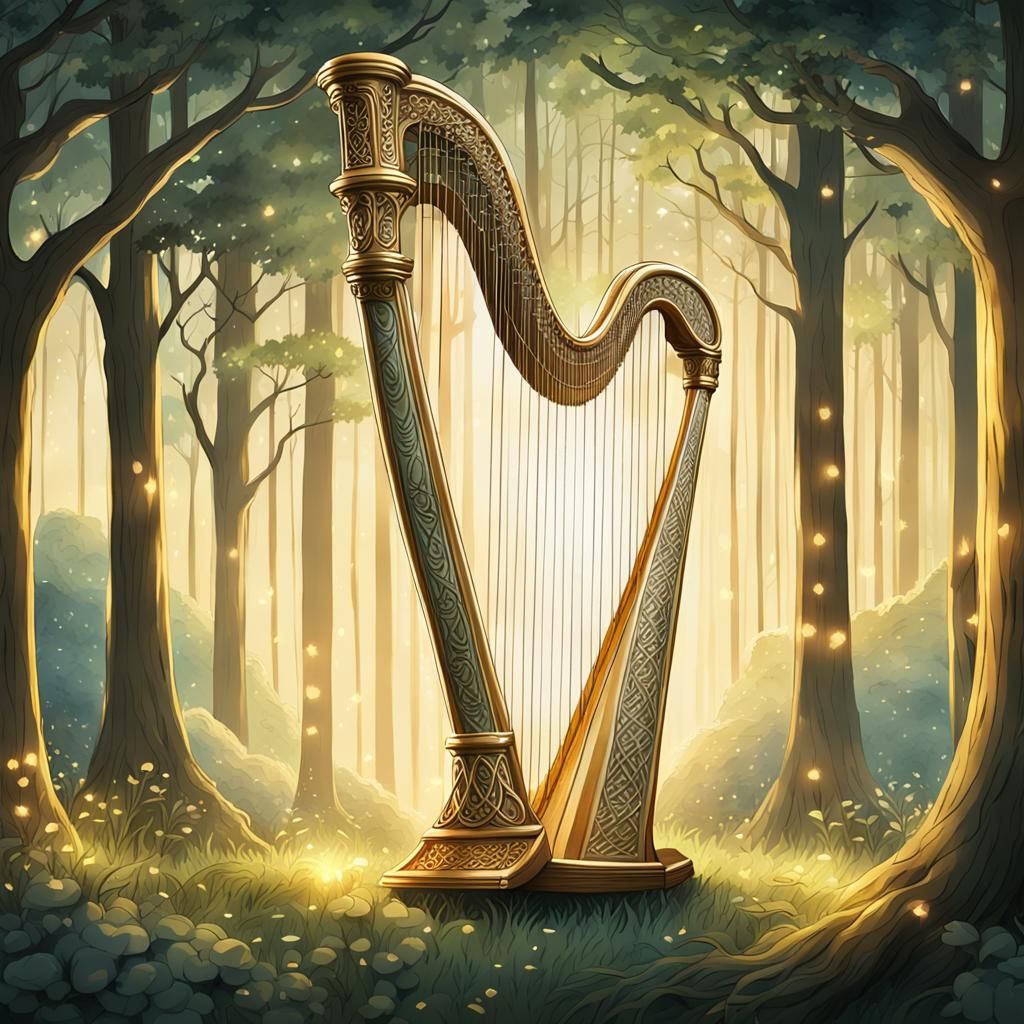 Celtic Harp in Mystical Forest, Watercolor Anime Style