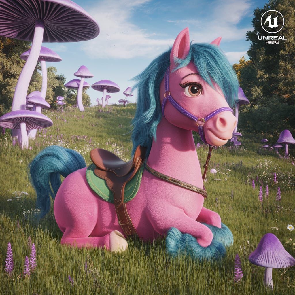 Fantasy Art: Cute Pink Horse in Meadow