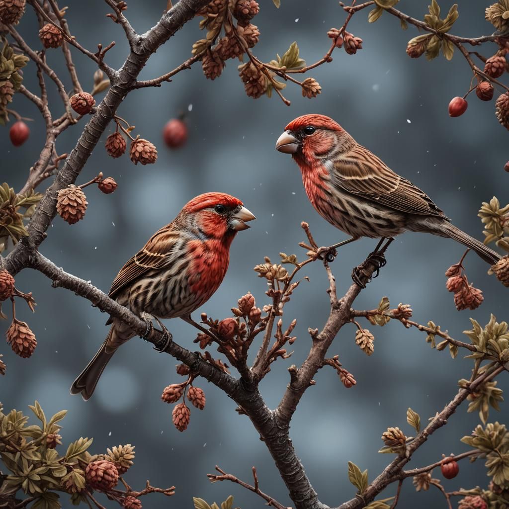 House Finch Eating a Nut in Detailed Matte Painting