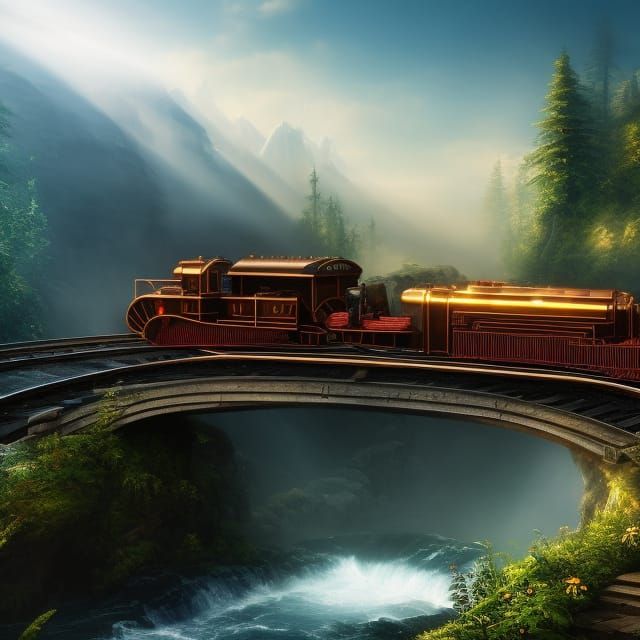 Elegant Steampunk Train Crossing Bridge Over Waterfall
