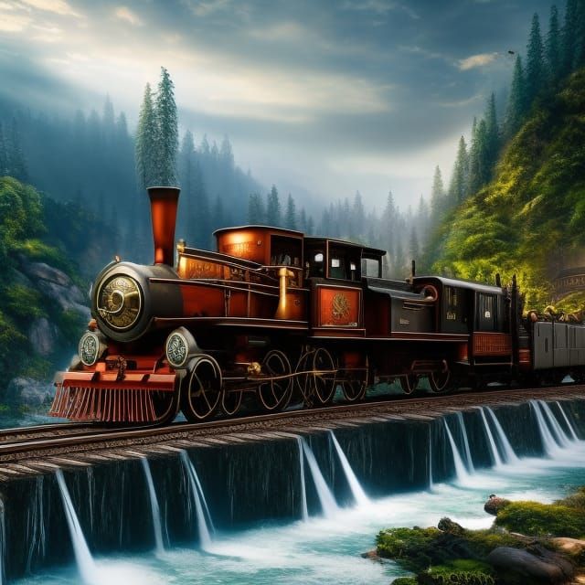 Steampunk Train Crosses Bridge Over Misty Waterfall