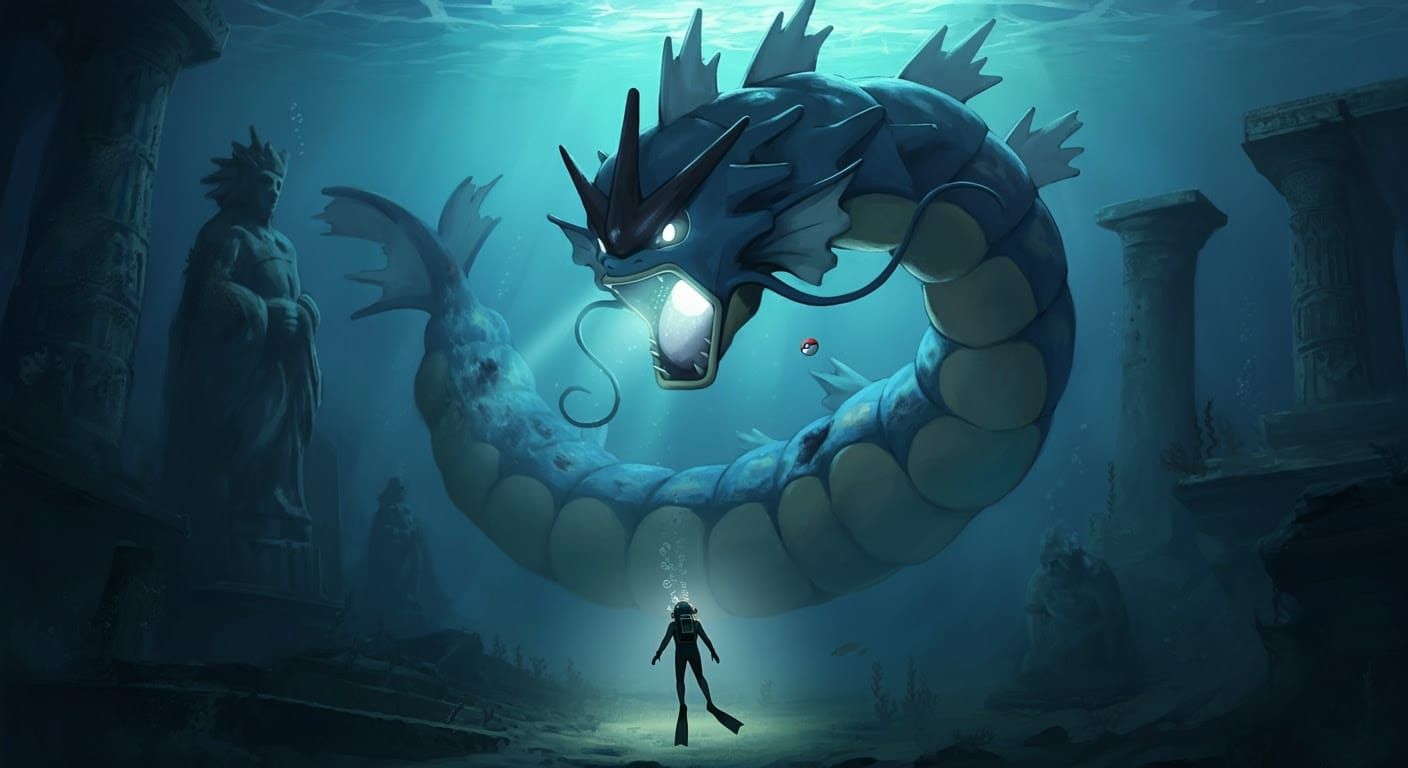Ancient Gyarados Leviathan Drifts in Dark Ocean Abyss