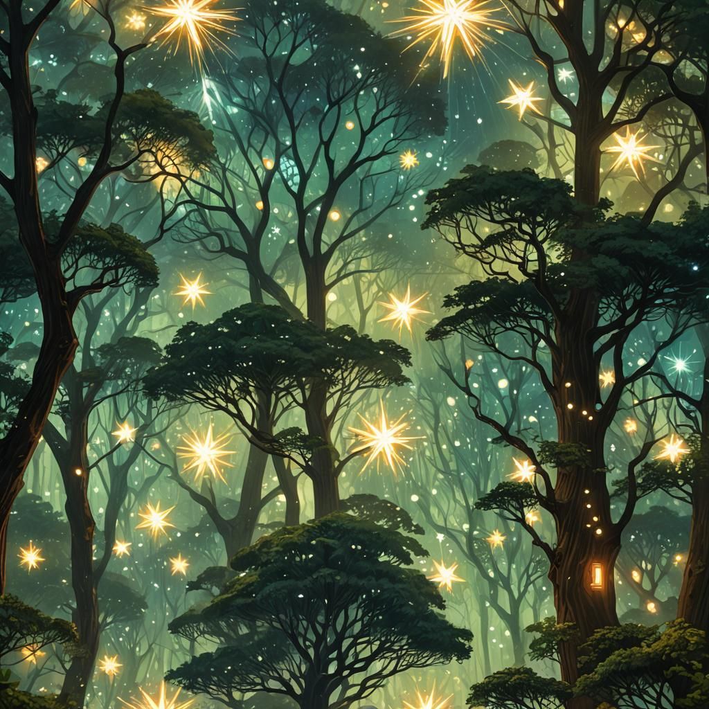 Enchanted Forest: Giant Trees and Firefly Light
