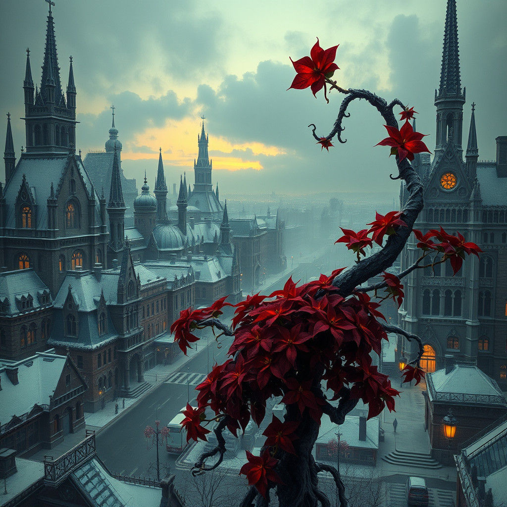 Eerie Poinsettia Cityscape in Gothic Illustration Style