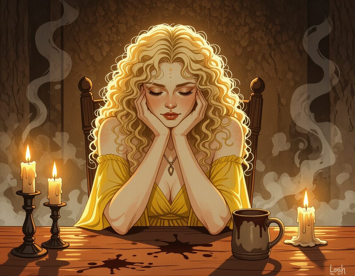 Pensive Norse Goddess in Watercolor and Ink