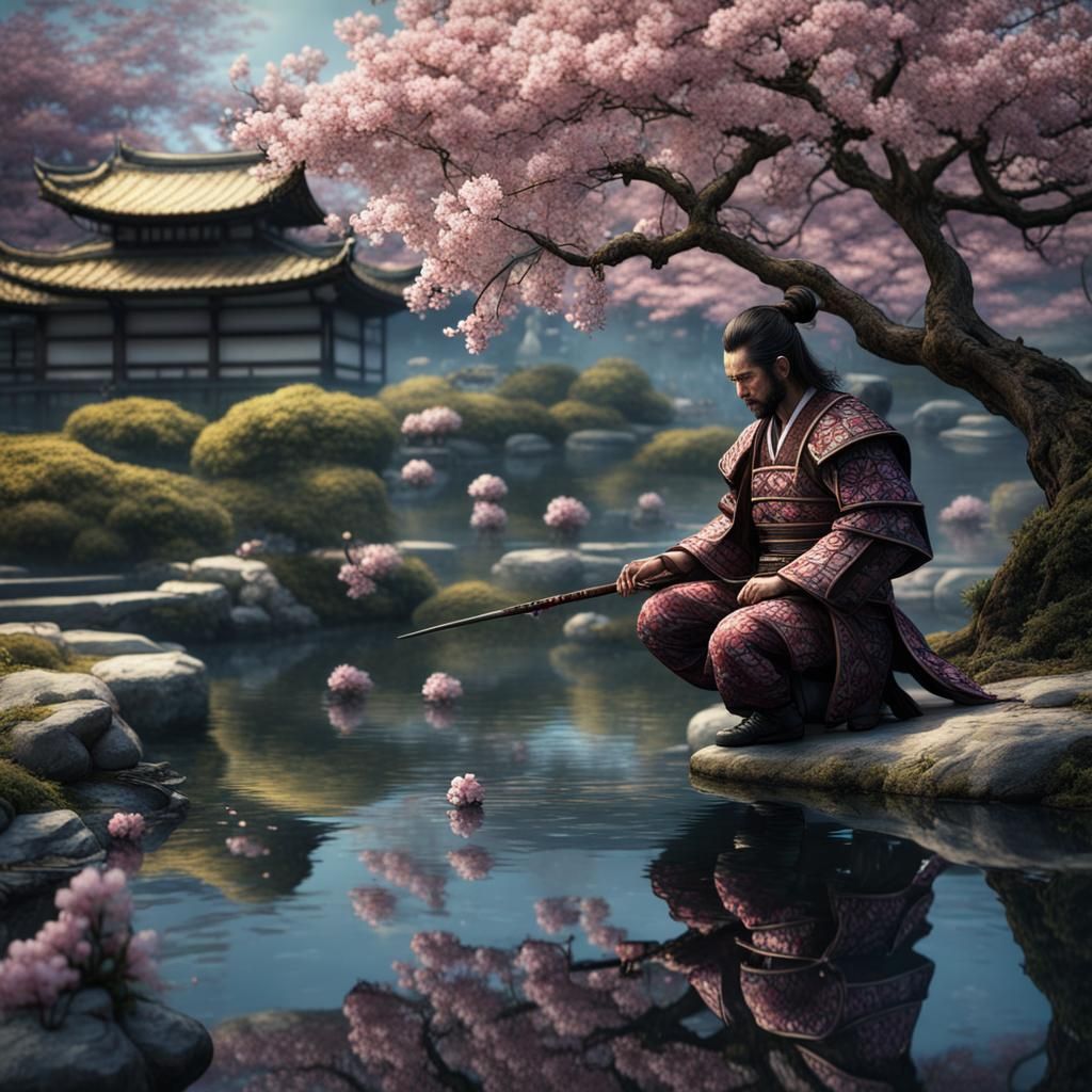 Samurai in Cherry Blossom Garden, Detailed Matte Painting