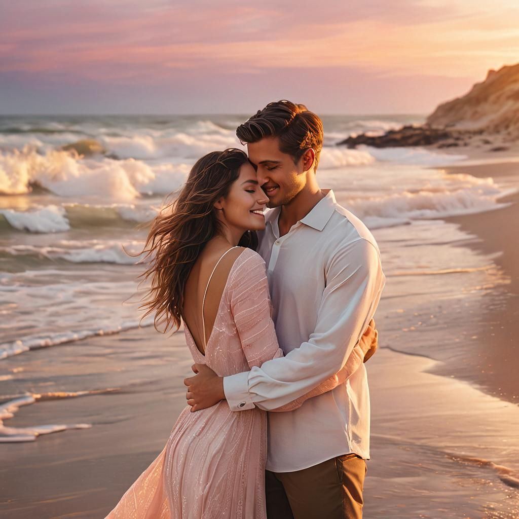 Happy Couple Embracing on Beach in Pastel Colors