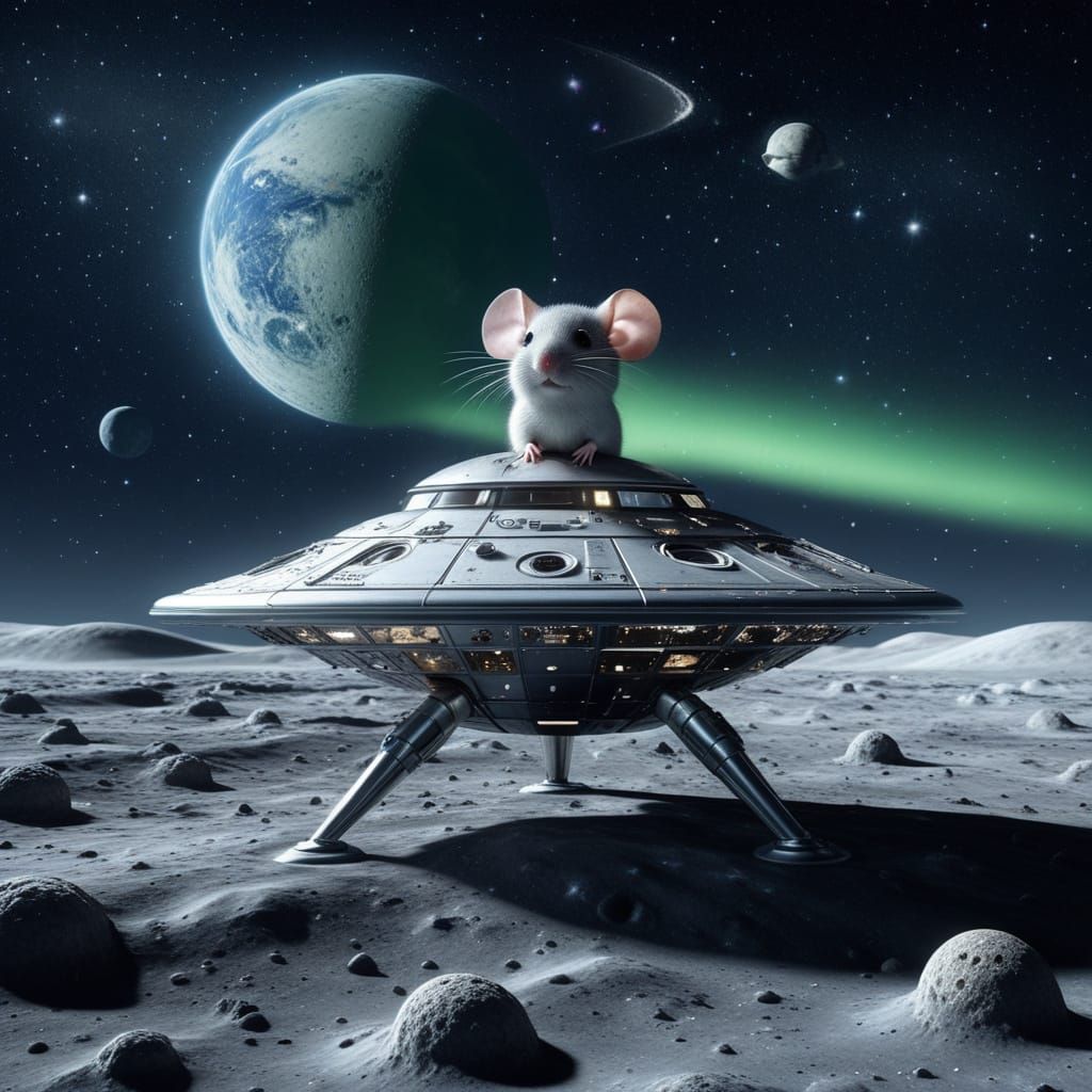 Hyperrealistic Chibi Mouse in UFO on Moon