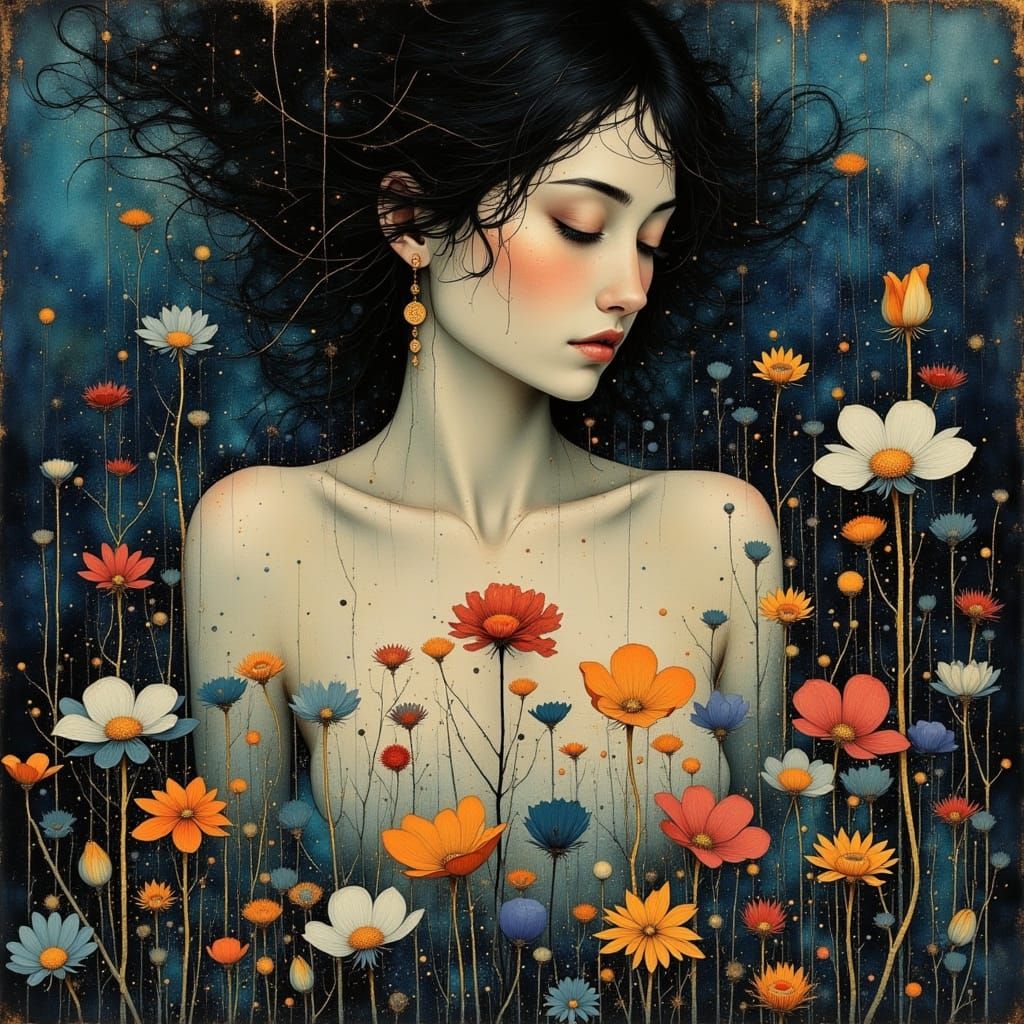 Art Nouveau Model with Floral Embellishments