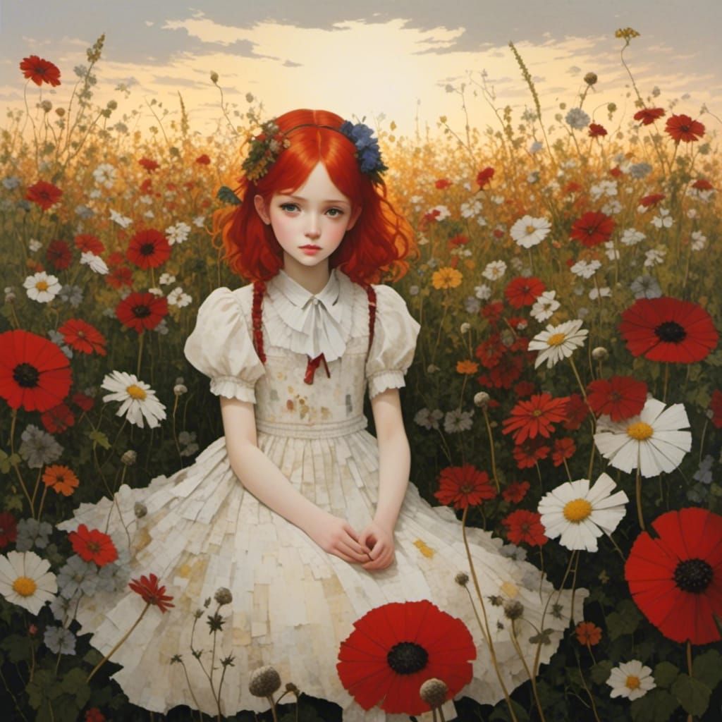 Anime Girl in Flower Field at Golden Hour