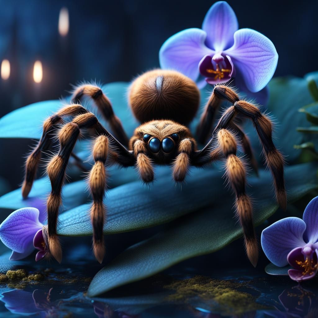 Tarantula on Blue Orchid in Moonlight: Fantasy Concept Art
