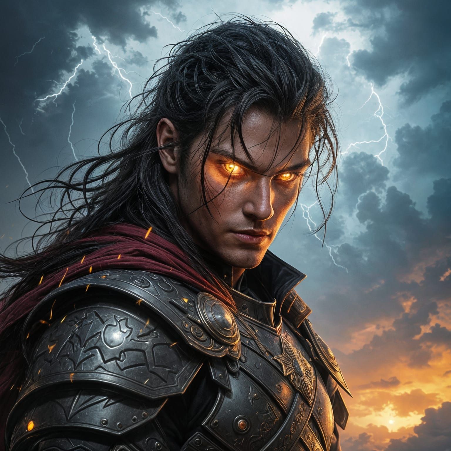 Epic Fantasy Warrior with Glowing Eyes in Dramatic Storm