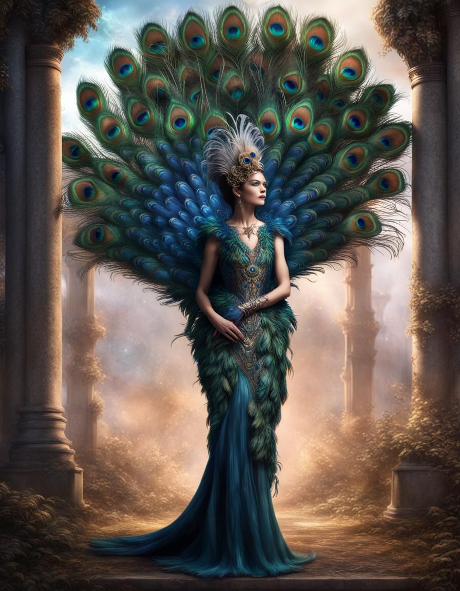 Peacock Goddess in Feathered Dress: Digital Art