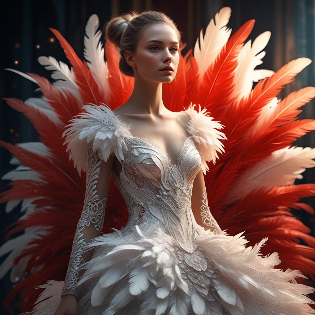 Feathered Gown Fantasy: Iridescent Digital Art