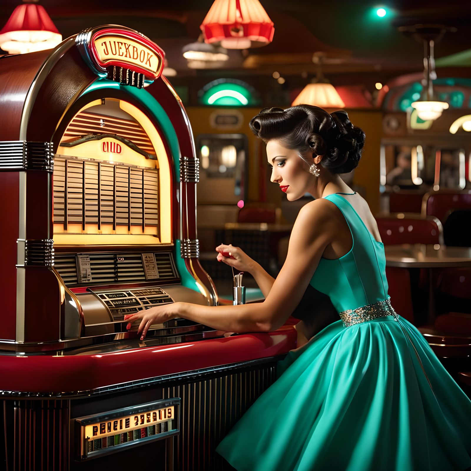 Old jukebox and women dressed in 1950s-inspired dress, a full skirt and petticoat, hair styled in classic pin curls, sea...
