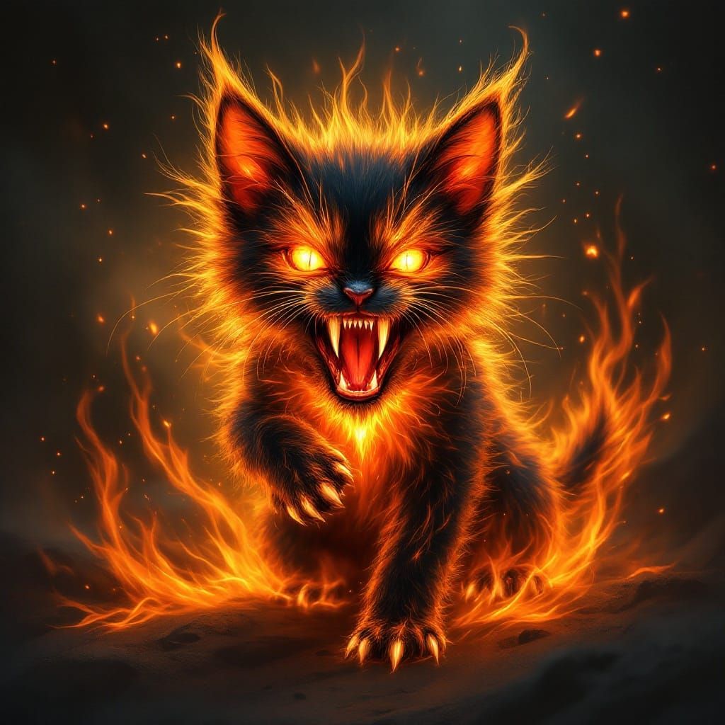 Fiery Mythical Kitten Spirit with Crimson Eyes