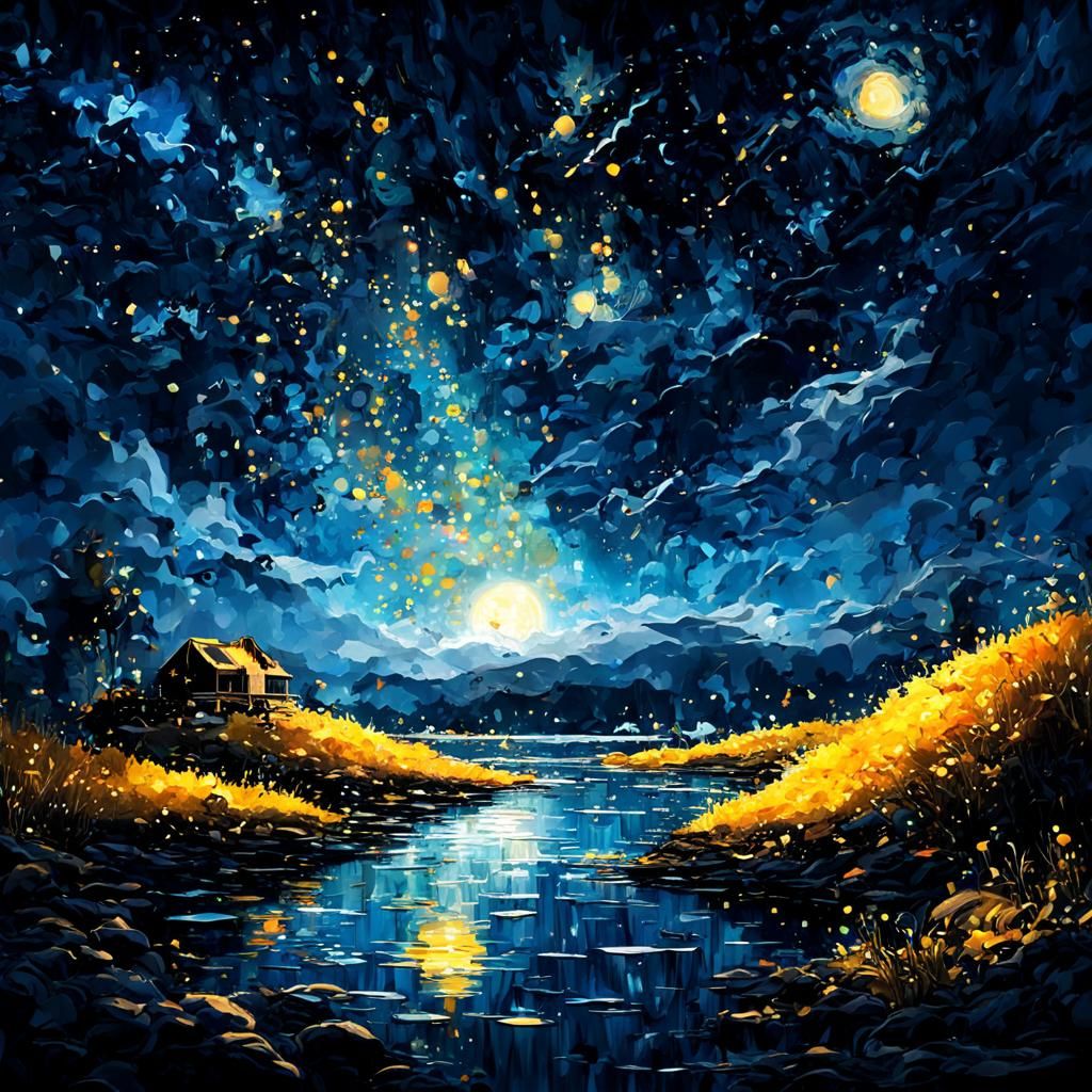 Golden Cosmic Landscape in Anime Impressionism Style
