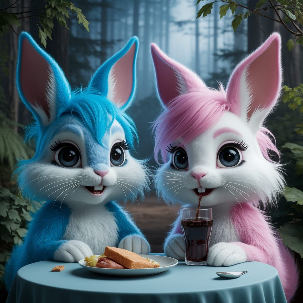 Whimsical Fantasy Bunnies Enjoy Snack in Enchanted Forest