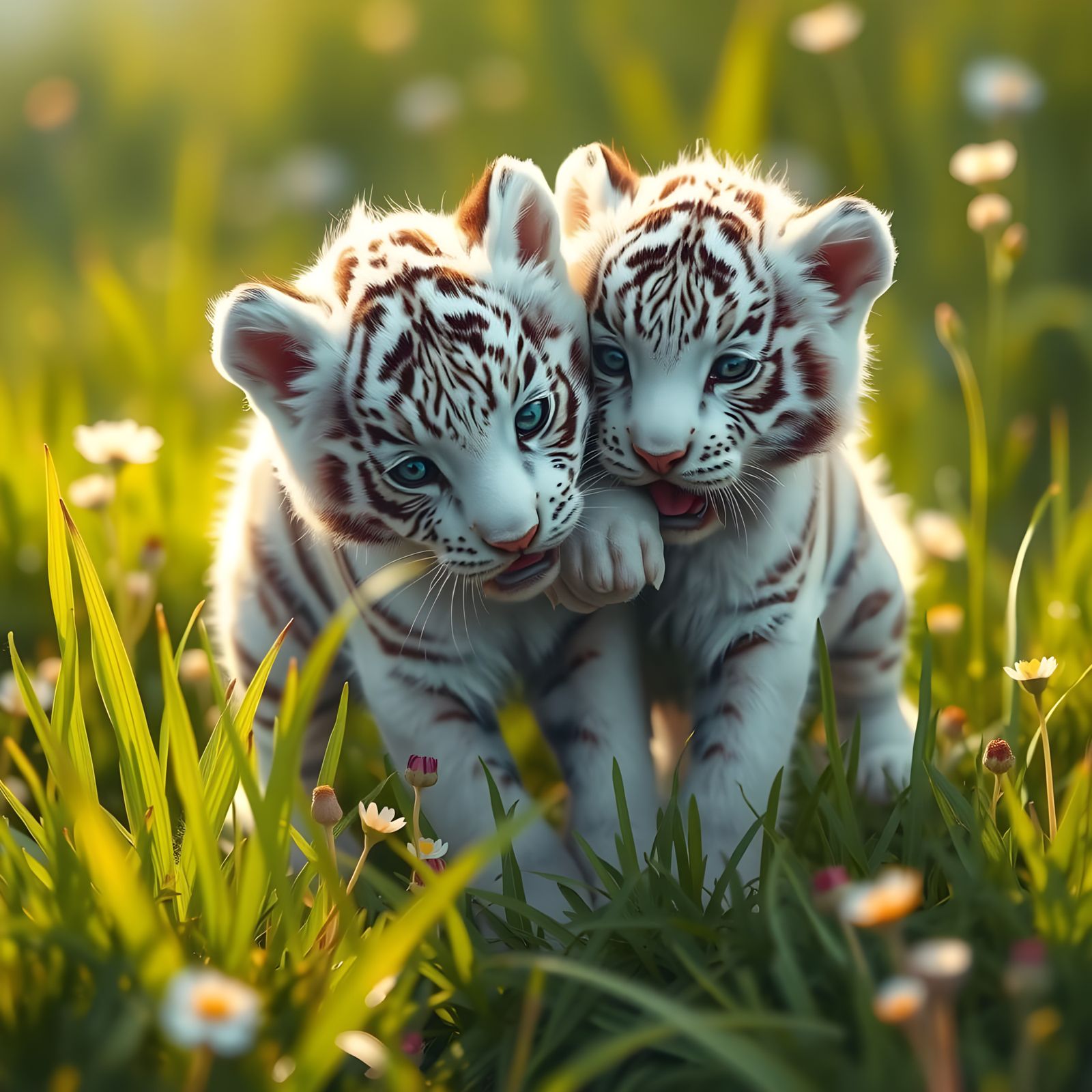 Whimsical White Tiger Cubs in Vibrant Lush Meadow