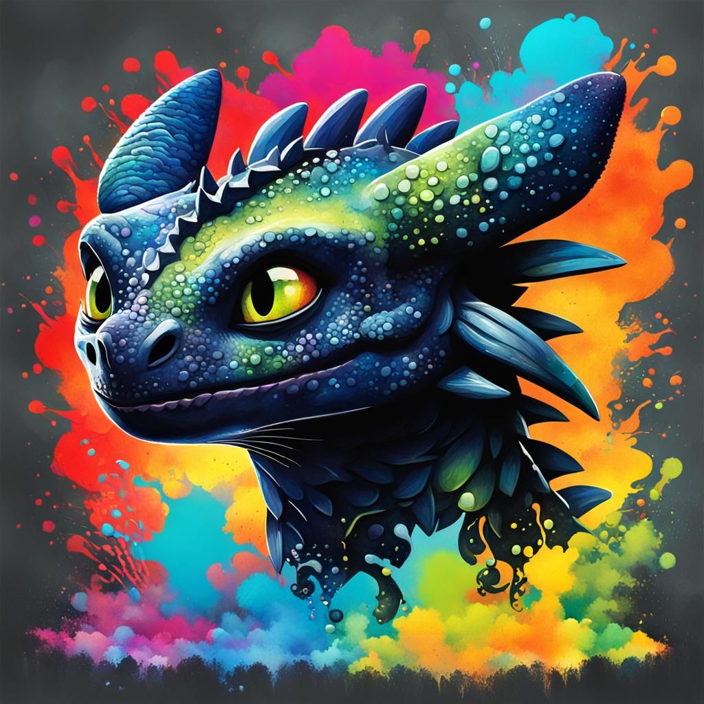 watercolors style, psychedelic vivid colors, toothless from how to train your dragon