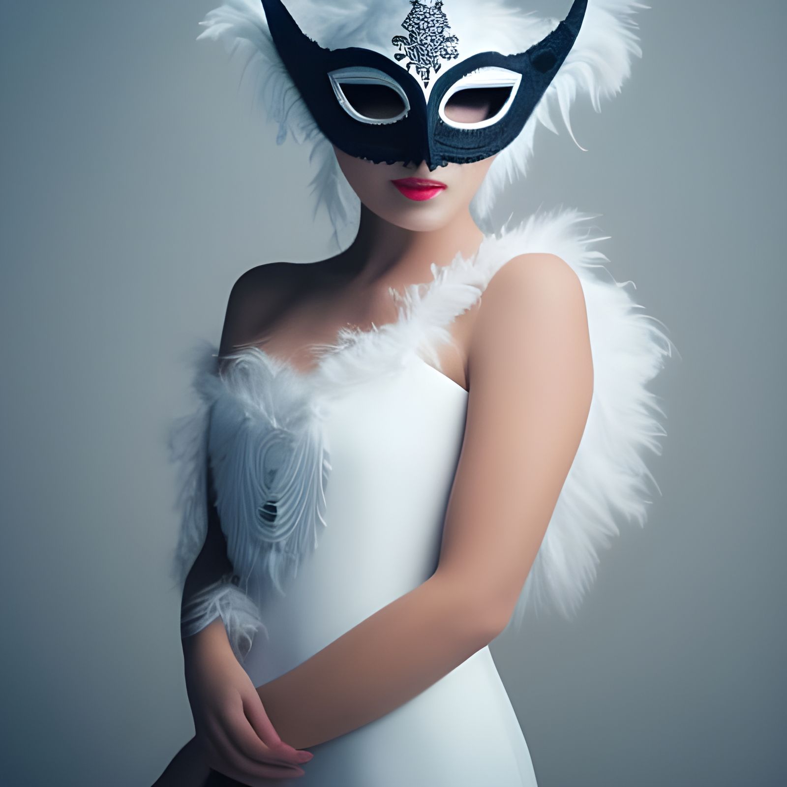 Woman in White Dress with Owl Mask