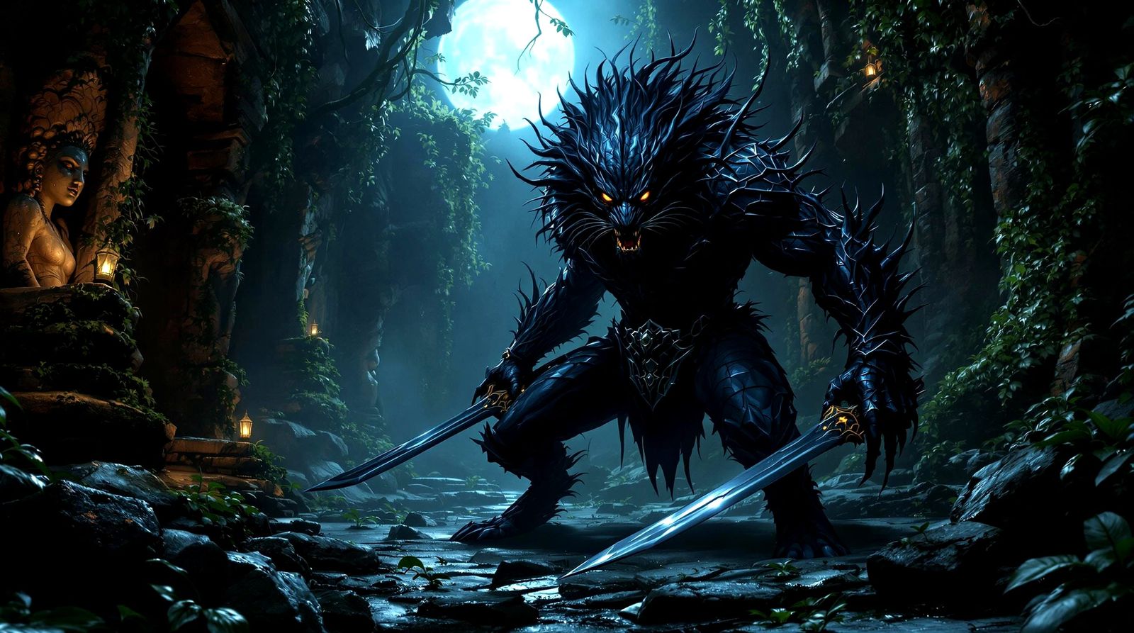 Ethereal Rakshasa in Moonlit Jungle Ruin in Cyberpunk Style