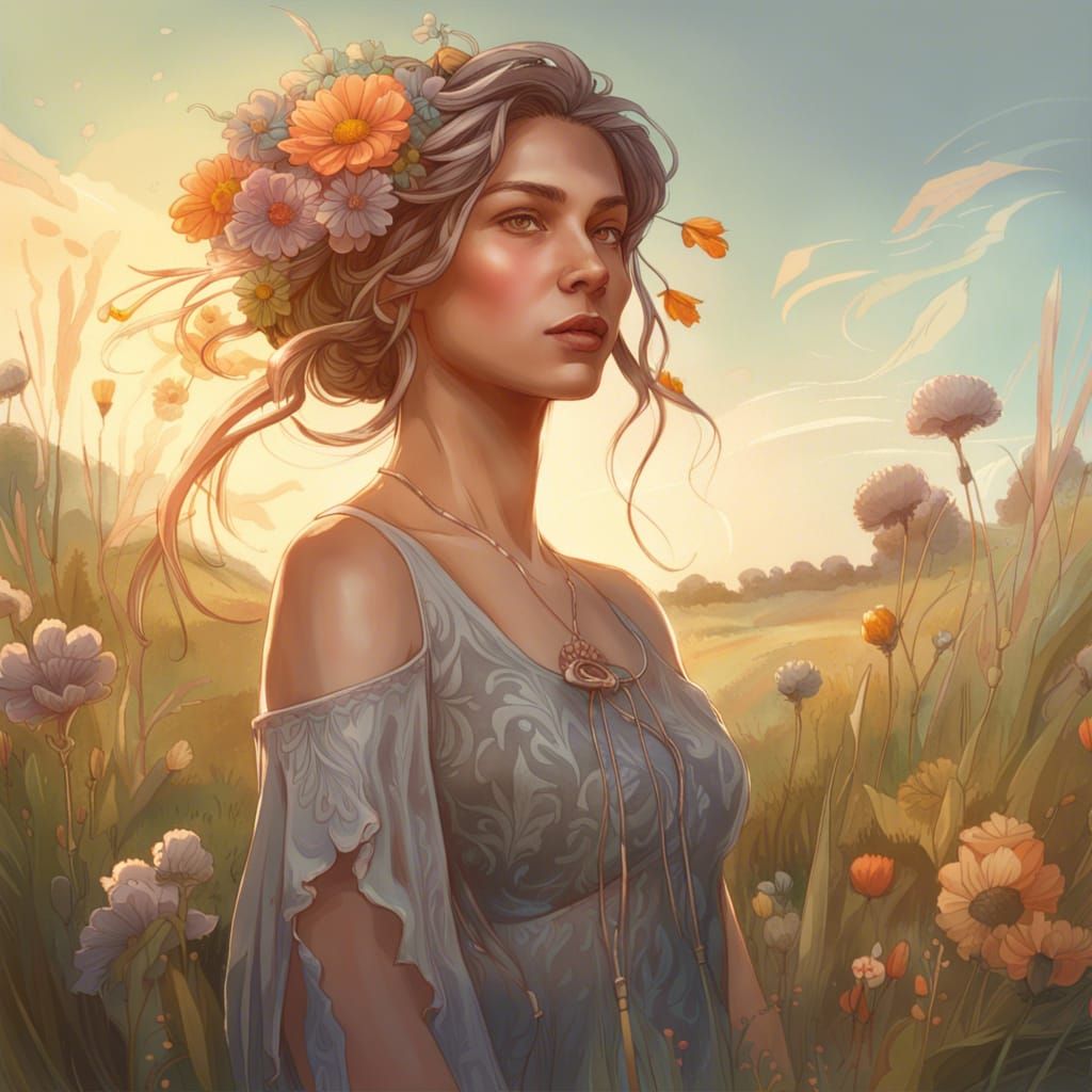 Woman in Summer Field: Hyperdetailed Art Nouveau Portrait