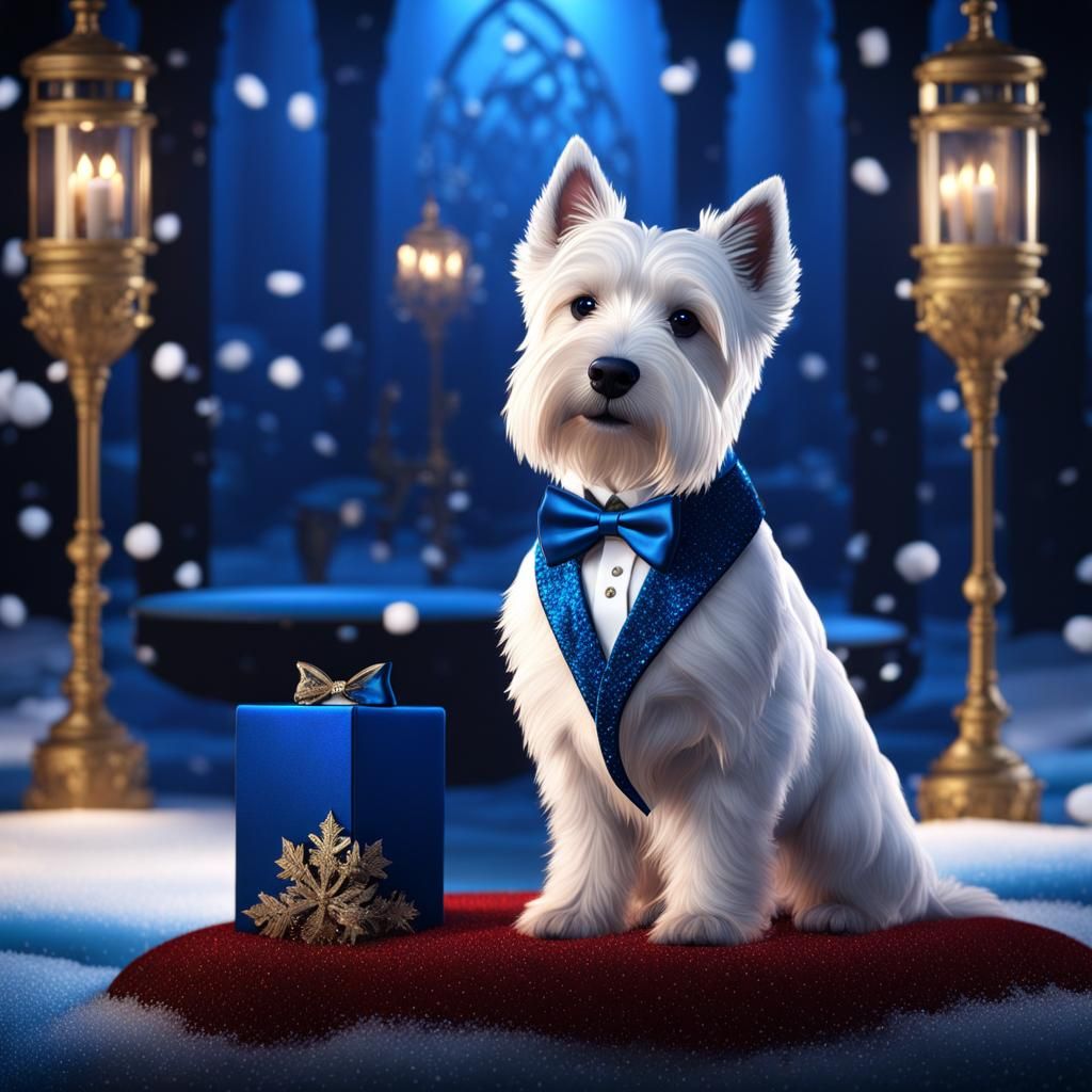 Westie in Blue Tuxedo on Snowy Dancefloor