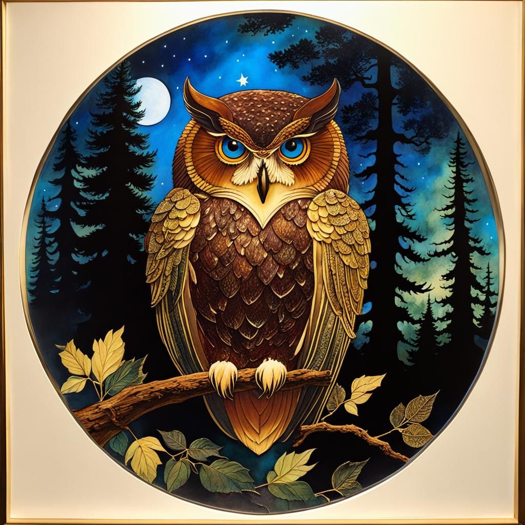 Bohemian Owl in Forest, Alcohol Ink Style