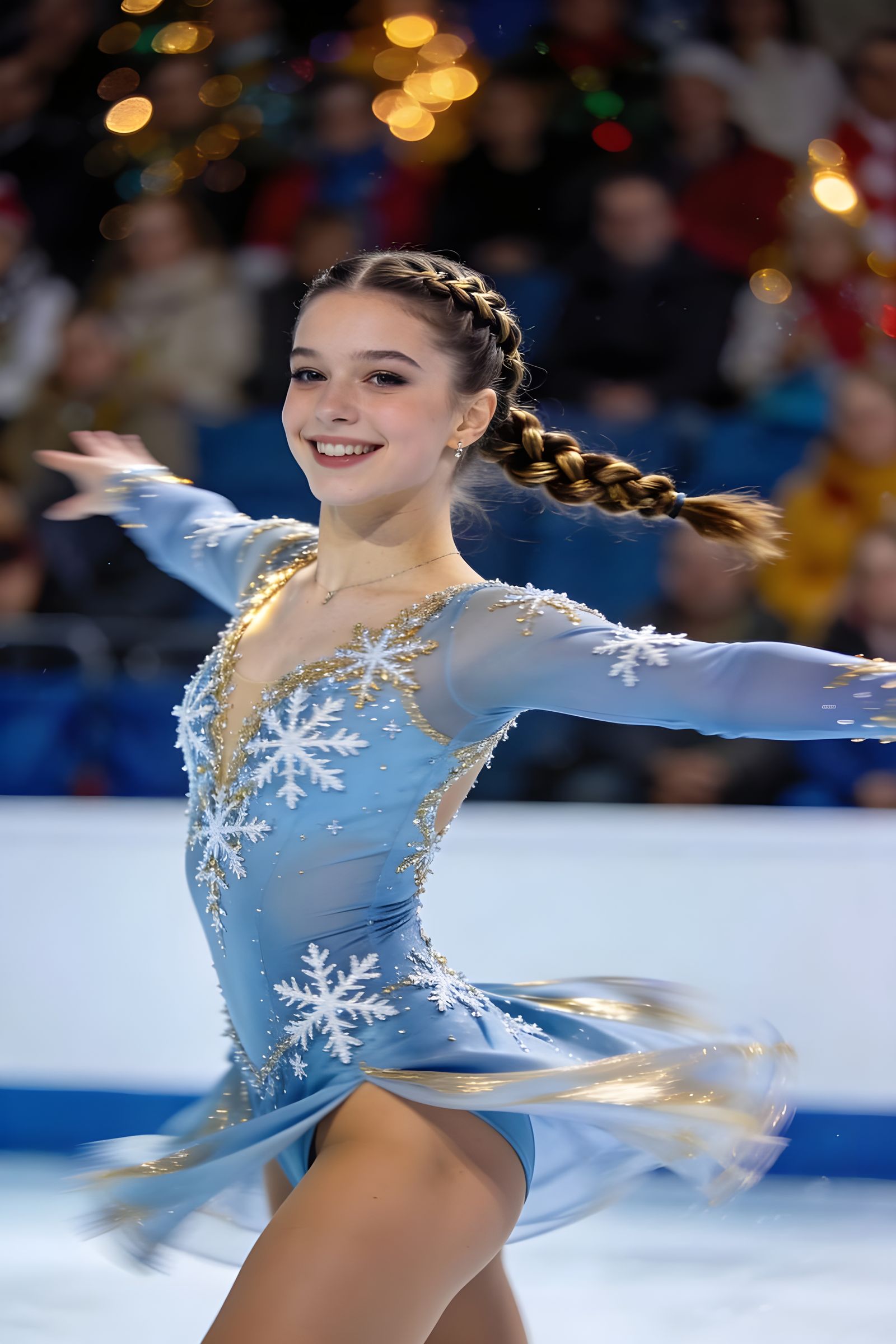 Beautiful Ice Skater Performs Gracefully in Blue and Gold Co...