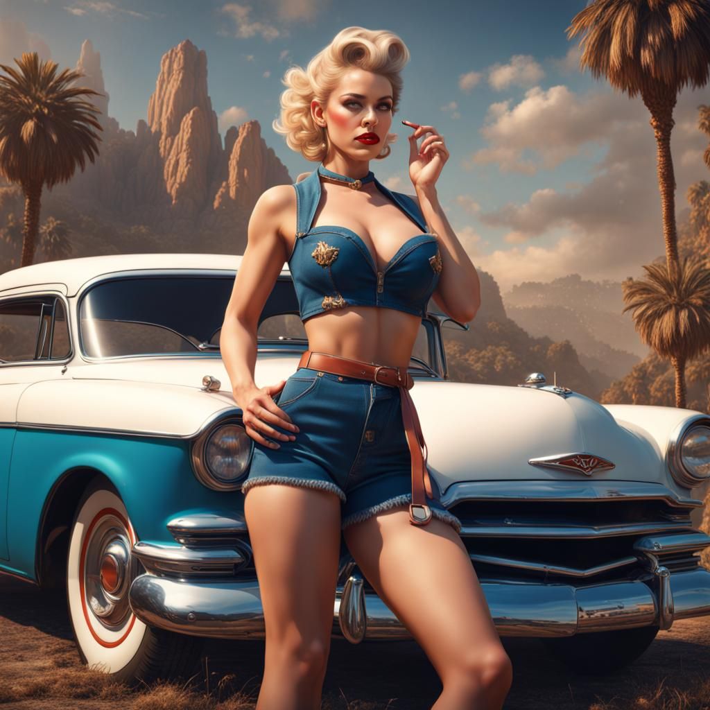 Hyperrealistic California Pinup Girl in Detailed Matte Paint...